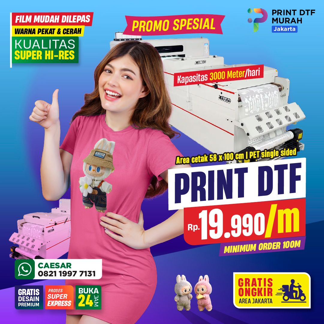 Promo Terbatas! Cetak Sablon DTF Murah Hanya Rp 19.990/meter – High Resolusi & Warna Tebal, Produksi Cepat hingga 3.000 Meter/Hari, GRATIS Desain & Ongkir Jabodetabek